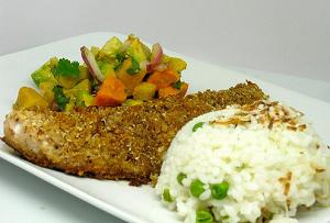 Jerked Fish Fillet with Tropical Melange and Coconut Rice + Peas